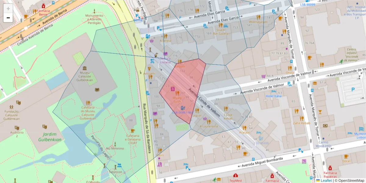 Mapa detalhado do código postal 1050-067 com limites, códigos postais vizinhos e agências dos correios