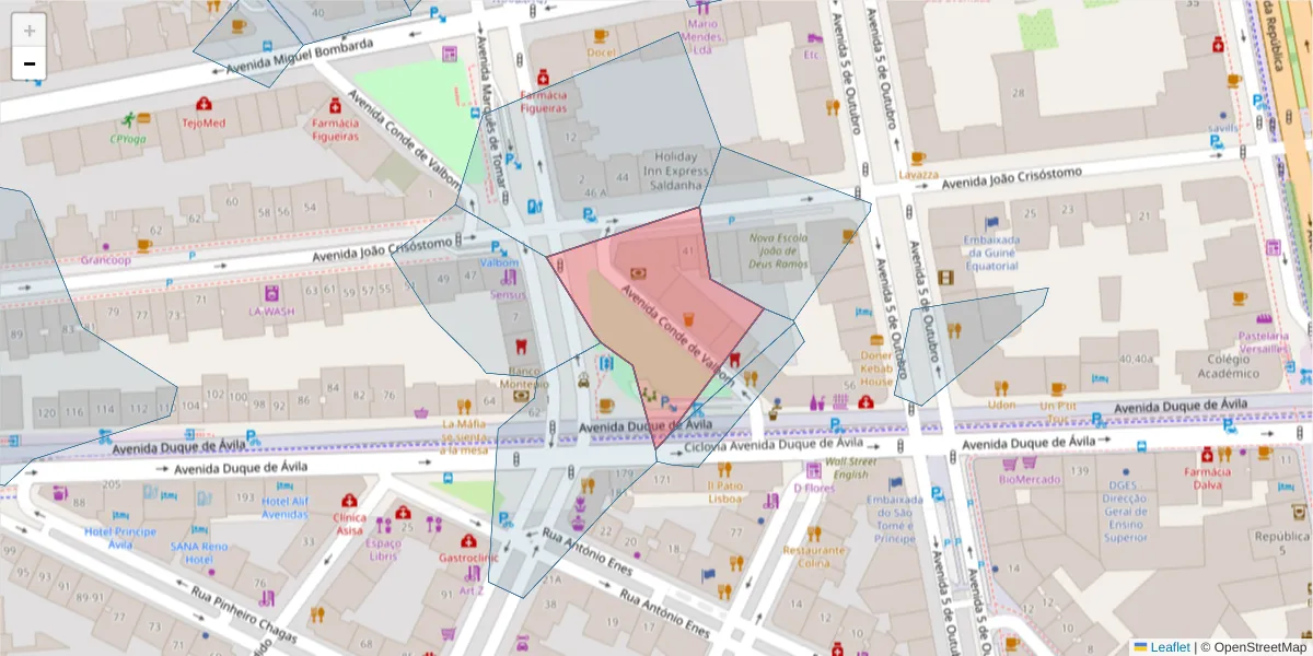 Mapa detalhado do código postal 1050-068 com limites, códigos postais vizinhos e agências dos correios