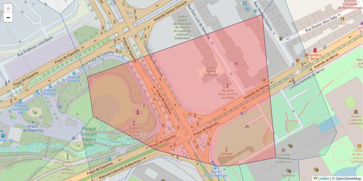 Mapa detalhado do código postal 1050-072 com limites, códigos postais vizinhos e agências dos correios