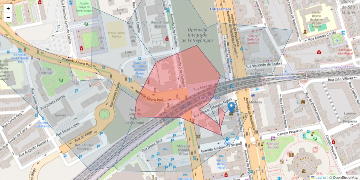 Mapa detalhado do código postal 1050-077 com limites, códigos postais vizinhos e agências dos correios