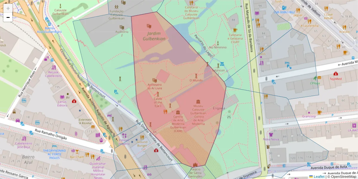 Mapa detalhado do código postal 1050-078 com limites, códigos postais vizinhos e agências dos correios