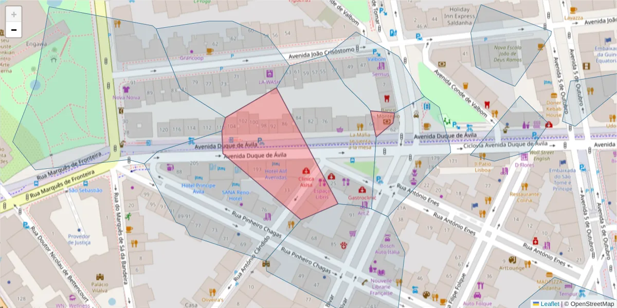 Mapa detalhado do código postal 1050-082 com limites, códigos postais vizinhos e agências dos correios