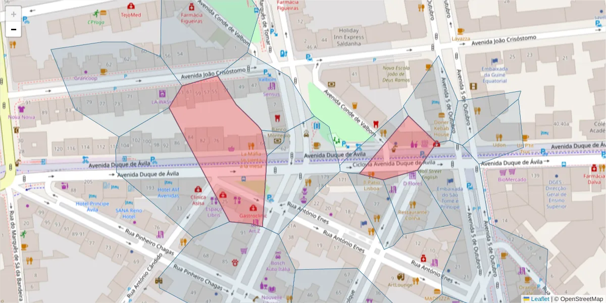 Mapa detalhado do código postal 1050-083 com limites, códigos postais vizinhos e agências dos correios