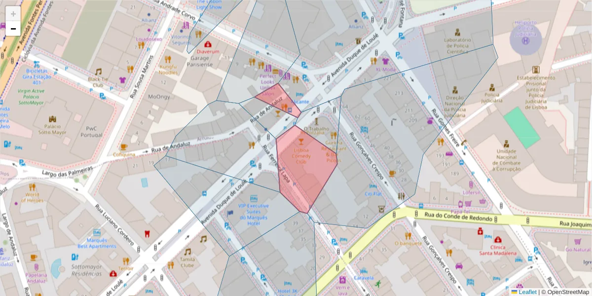 Mapa detalhado do código postal 1050-085 com limites, códigos postais vizinhos e agências dos correios
