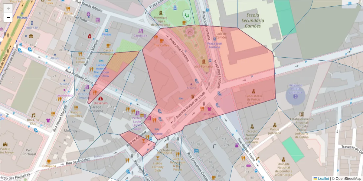 Mapa detalhado do código postal 1050-090 com limites, códigos postais vizinhos e agências dos correios
