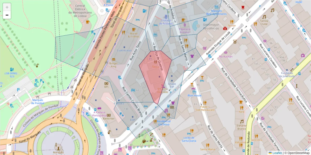 Mapa detalhado do código postal 1050-095 com limites, códigos postais vizinhos e agências dos correios