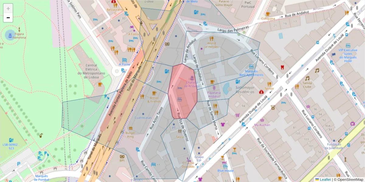 Mapa detalhado do código postal 1050-096 com limites, códigos postais vizinhos e agências dos correios