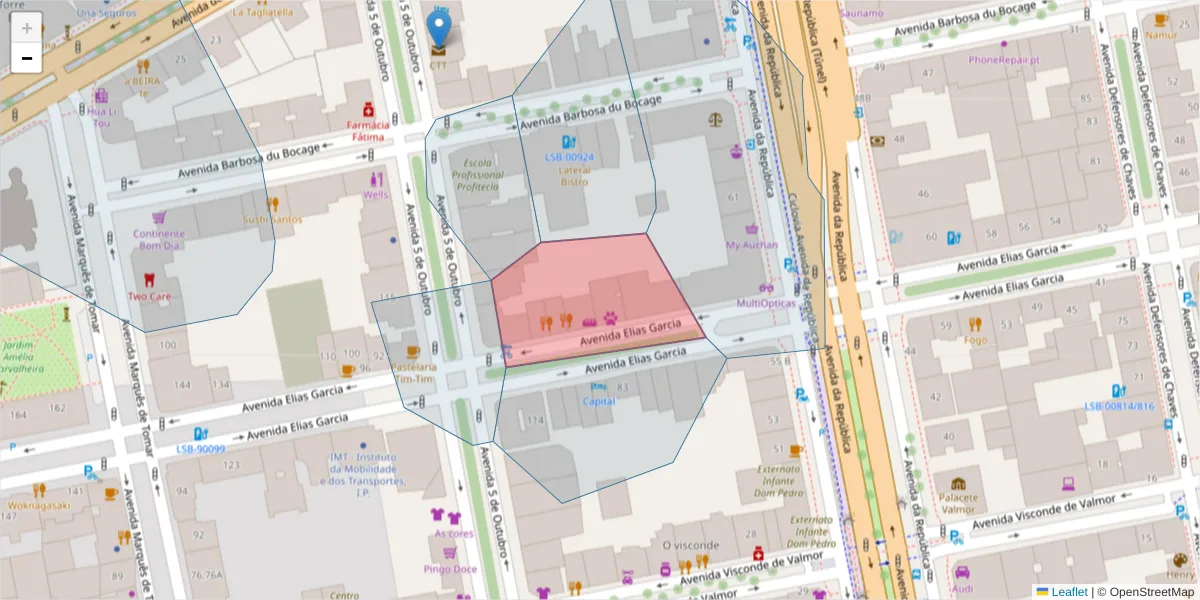 Mapa detalhado do código postal 1050-100 com limites, códigos postais vizinhos e agências dos correios