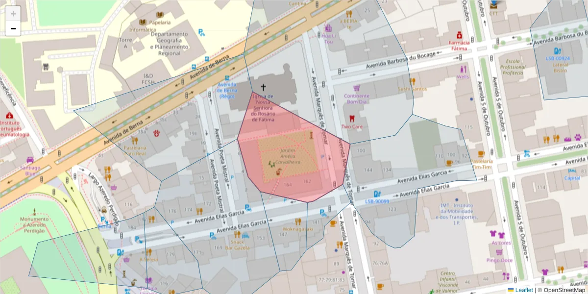 Mapa detalhado do código postal 1050-102 com limites, códigos postais vizinhos e agências dos correios