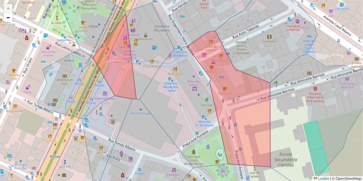Mapa detalhado do código postal 1050-105 com limites, códigos postais vizinhos e agências dos correios