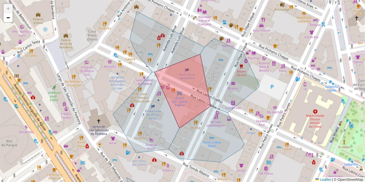 Mapa detalhado do código postal 1050-111 com limites, códigos postais vizinhos e agências dos correios