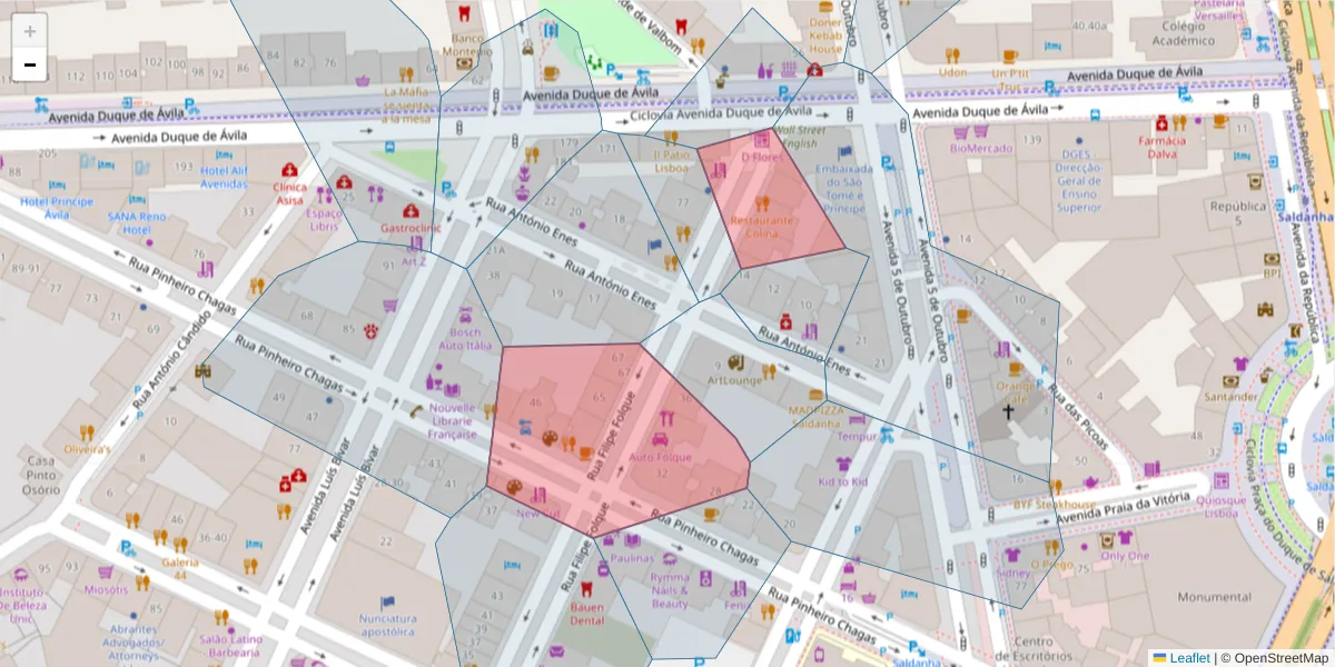 Mapa detalhado do código postal 1050-114 com limites, códigos postais vizinhos e agências dos correios