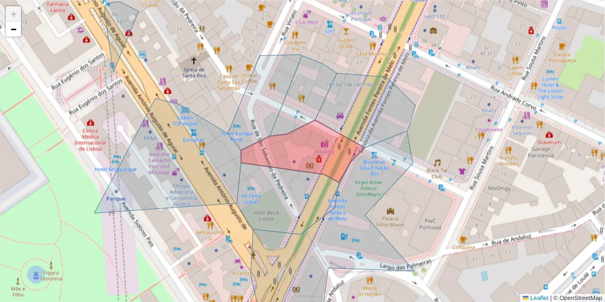 Mapa detalhado do código postal 1050-115 com limites, códigos postais vizinhos e agências dos correios