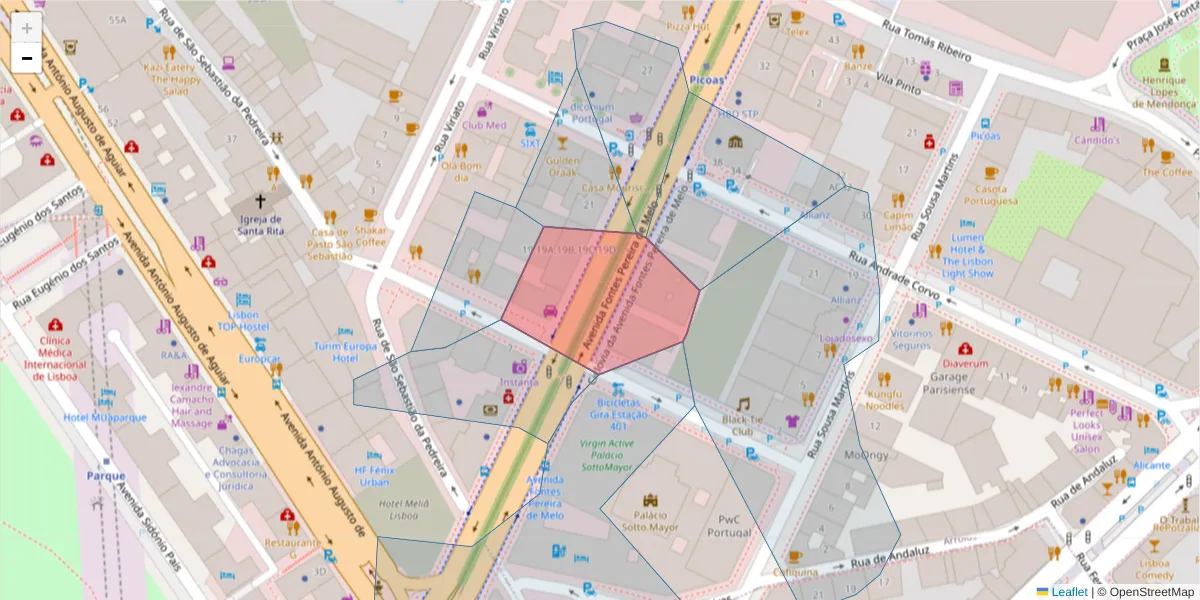 Mapa detalhado do código postal 1050-116 com limites, códigos postais vizinhos e agências dos correios