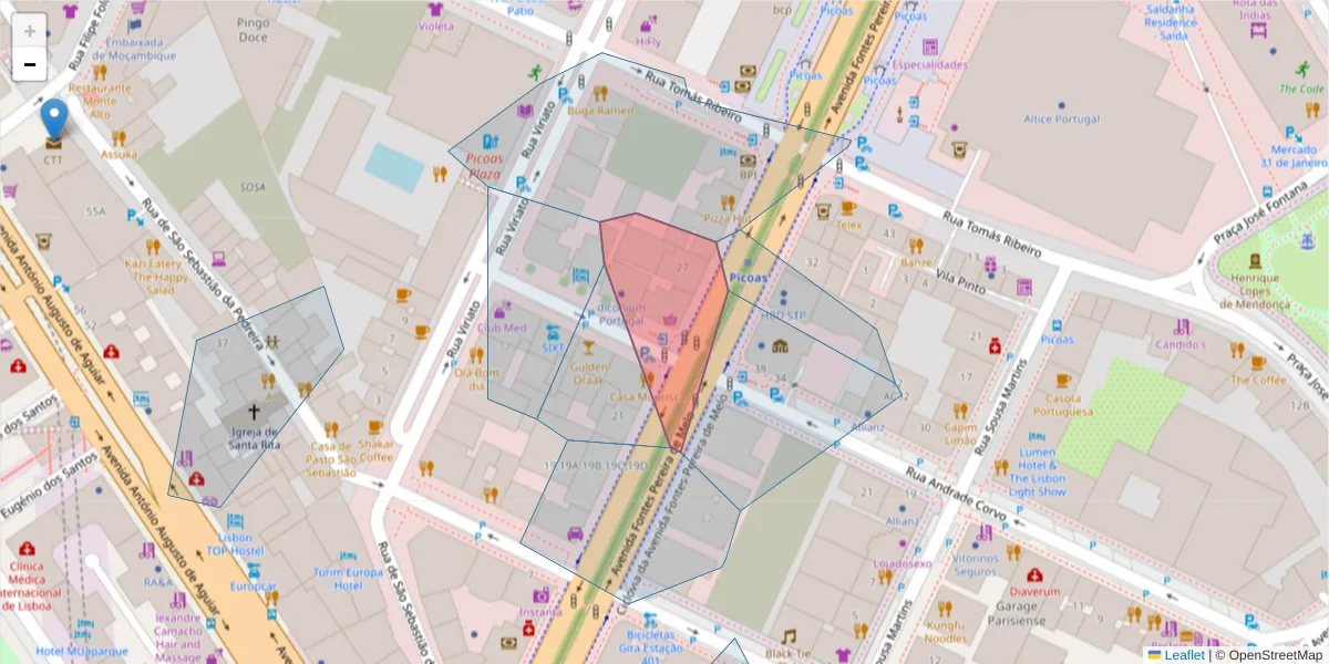 Mapa detalhado do código postal 1050-117 com limites, códigos postais vizinhos e agências dos correios