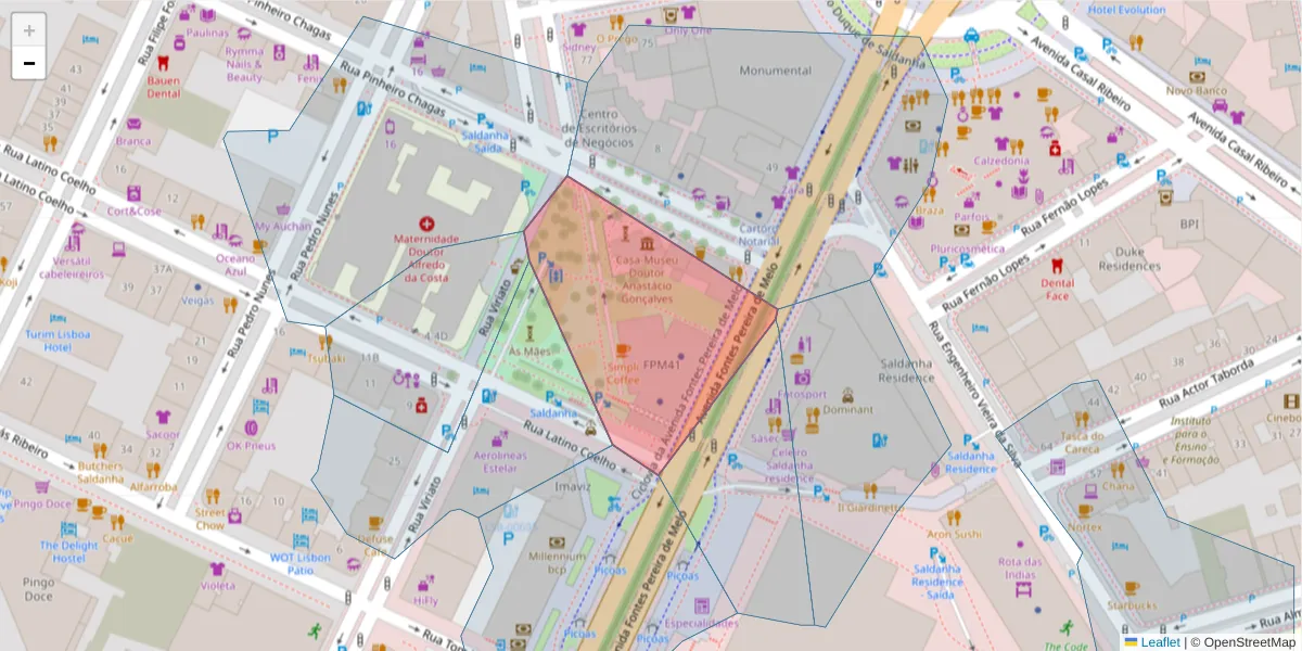 Mapa detalhado do código postal 1050-119 com limites, códigos postais vizinhos e agências dos correios