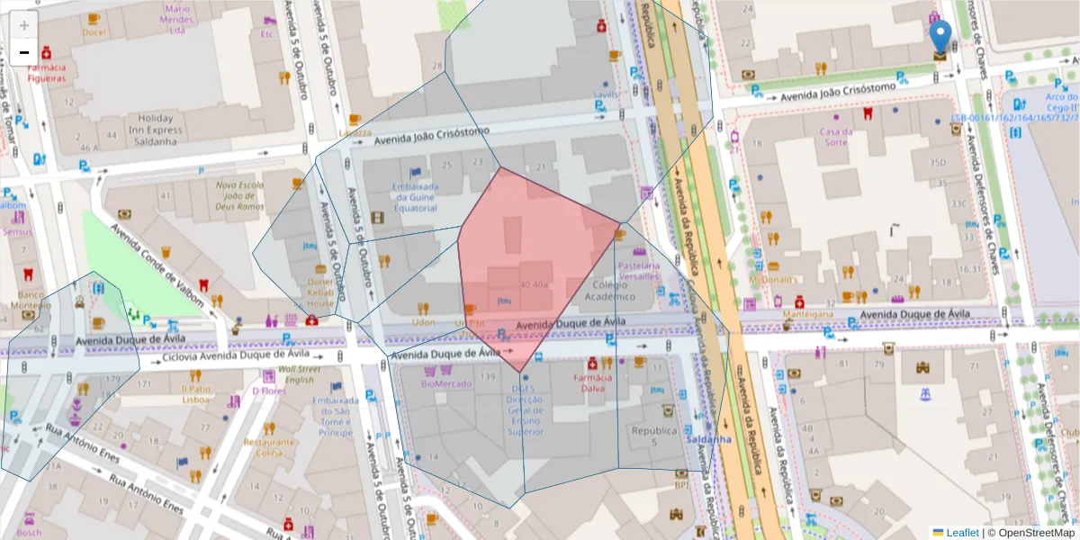 Mapa detalhado do código postal 1050-126 com limites, códigos postais vizinhos e agências dos correios