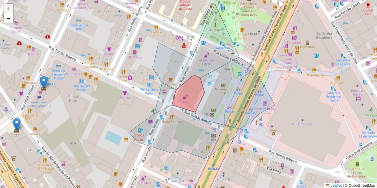 Mapa detalhado do código postal 1050-132 com limites, códigos postais vizinhos e agências dos correios