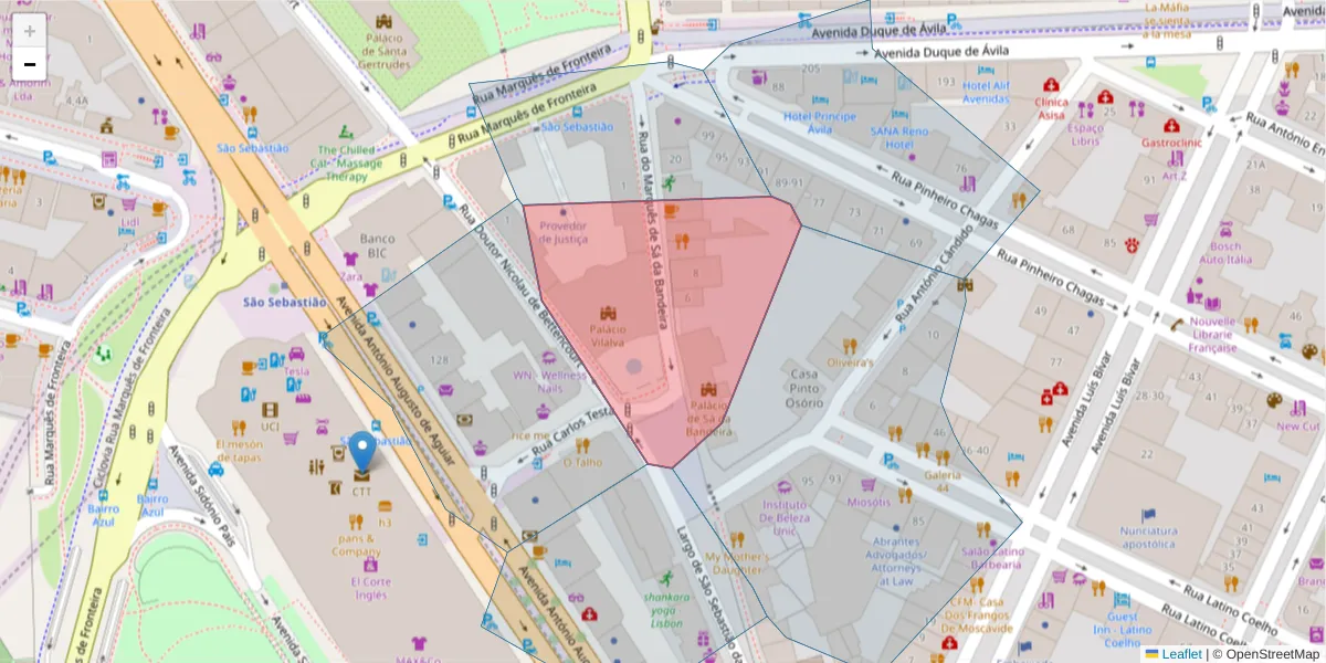Mapa detalhado do código postal 1050-148 com limites, códigos postais vizinhos e agências dos correios