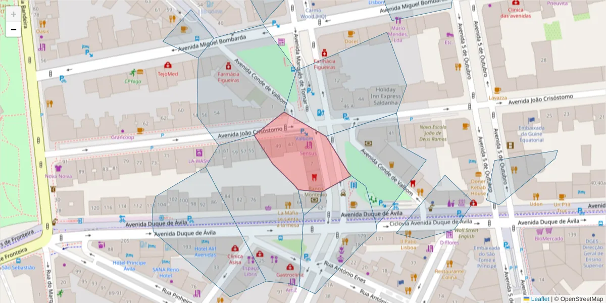 Mapa detalhado do código postal 1050-152 com limites, códigos postais vizinhos e agências dos correios