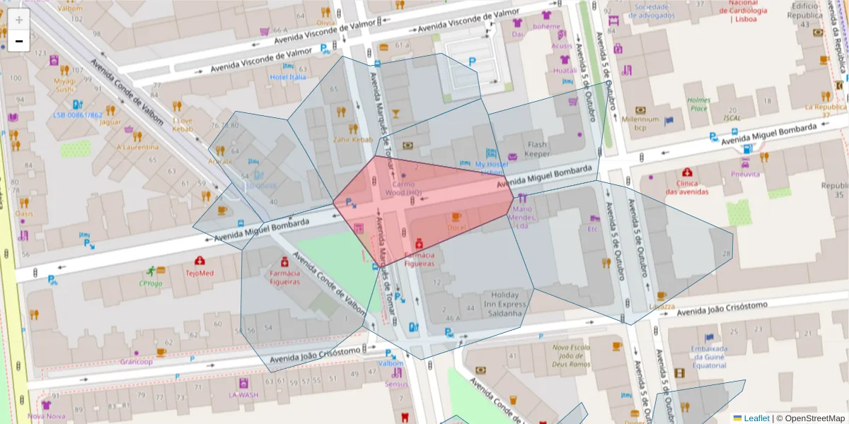 Mapa detalhado do código postal 1050-155 com limites, códigos postais vizinhos e agências dos correios