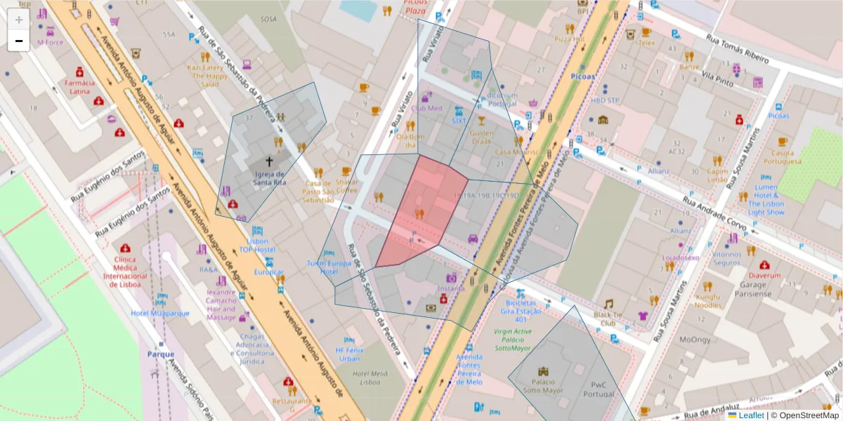 Mapa detalhado do código postal 1050-159 com limites, códigos postais vizinhos e agências dos correios