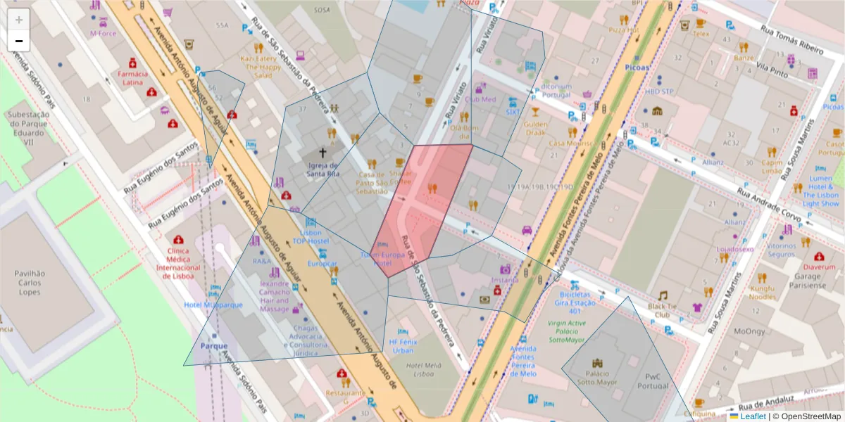 Mapa detalhado do código postal 1050-160 com limites, códigos postais vizinhos e agências dos correios