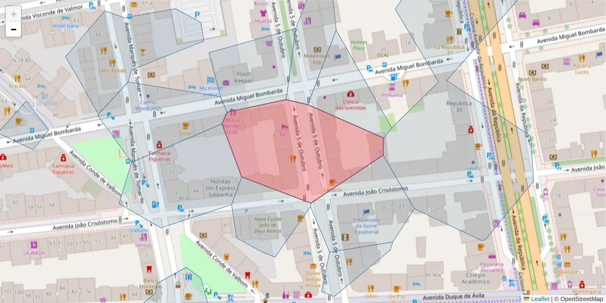 Mapa detalhado do código postal 1050-161 com limites, códigos postais vizinhos e agências dos correios