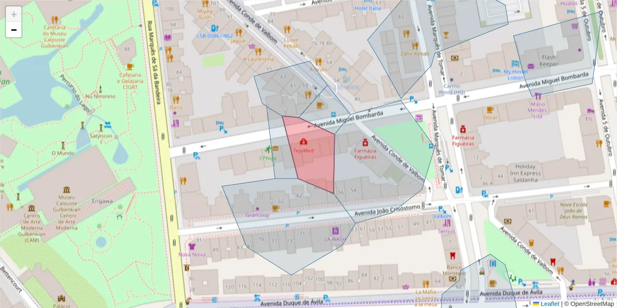 Mapa detalhado do código postal 1050-164 com limites, códigos postais vizinhos e agências dos correios