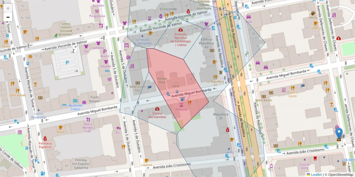 Mapa detalhado do código postal 1050-165 com limites, códigos postais vizinhos e agências dos correios
