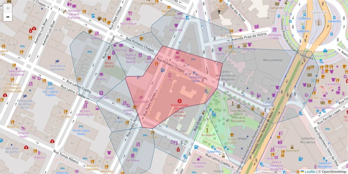 Mapa detalhado do código postal 1050-170 com limites, códigos postais vizinhos e agências dos correios