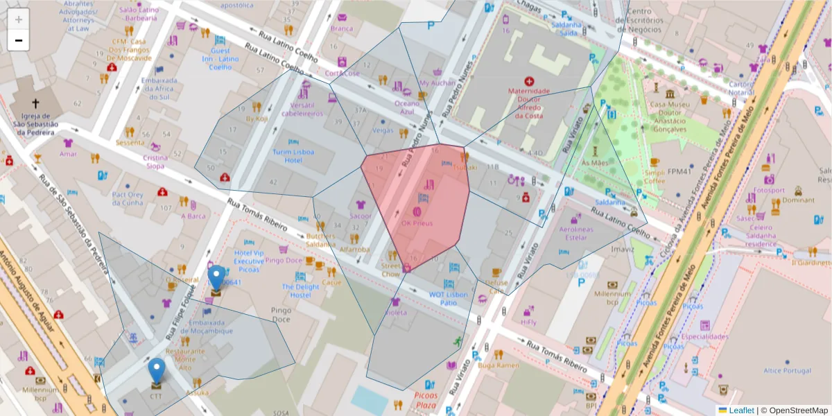Mapa detalhado do código postal 1050-171 com limites, códigos postais vizinhos e agências dos correios