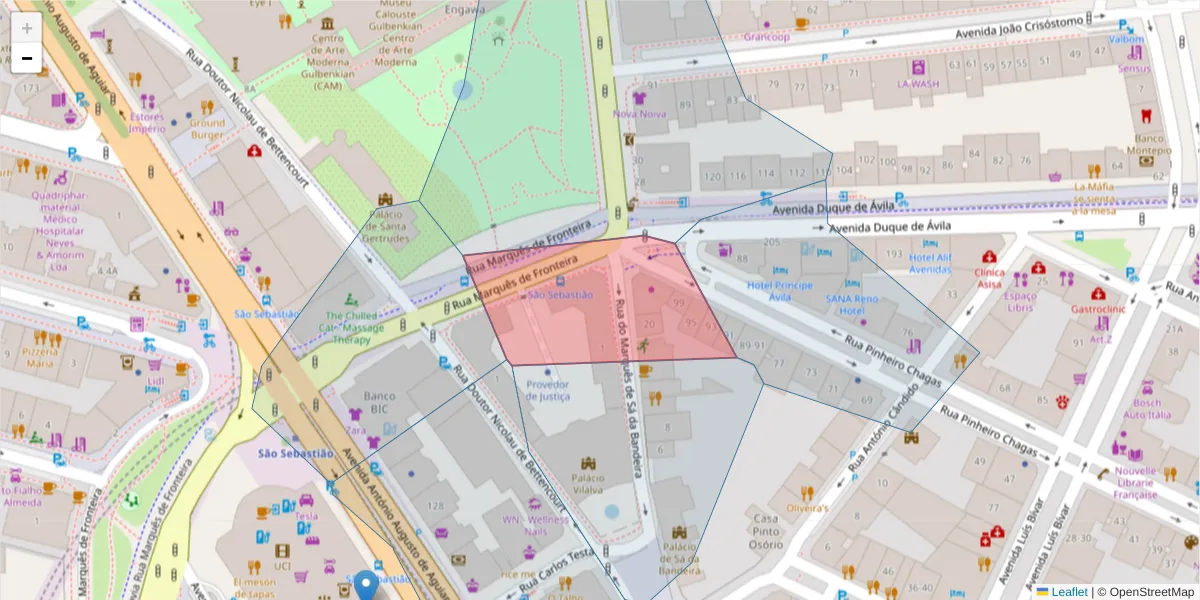 Mapa detalhado do código postal 1050-176 com limites, códigos postais vizinhos e agências dos correios