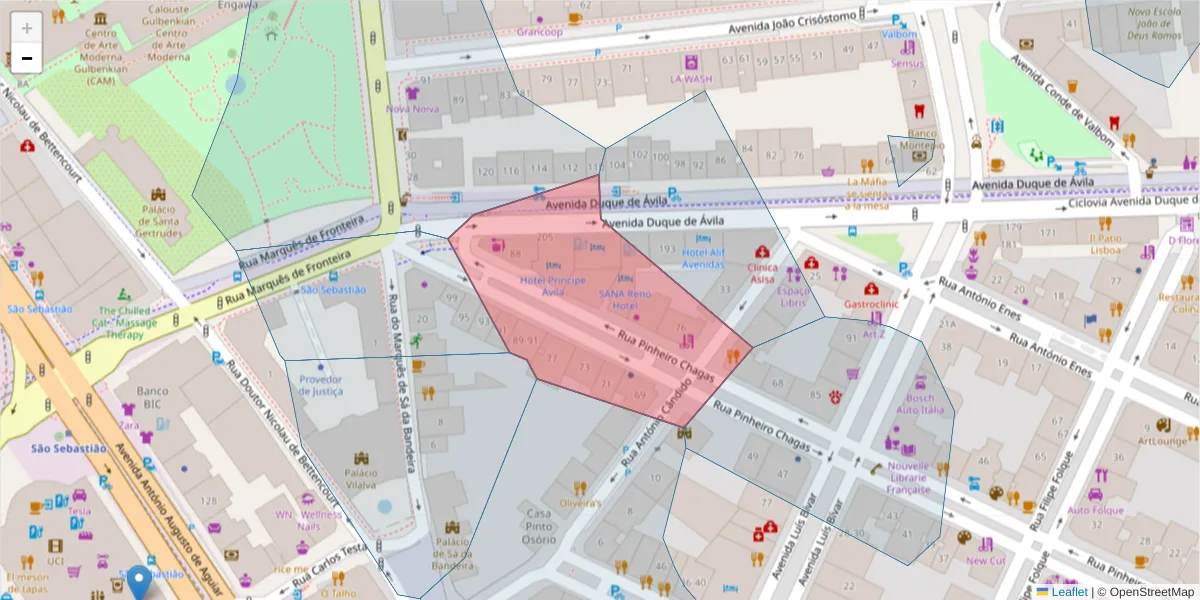 Mapa detalhado do código postal 1050-180 com limites, códigos postais vizinhos e agências dos correios