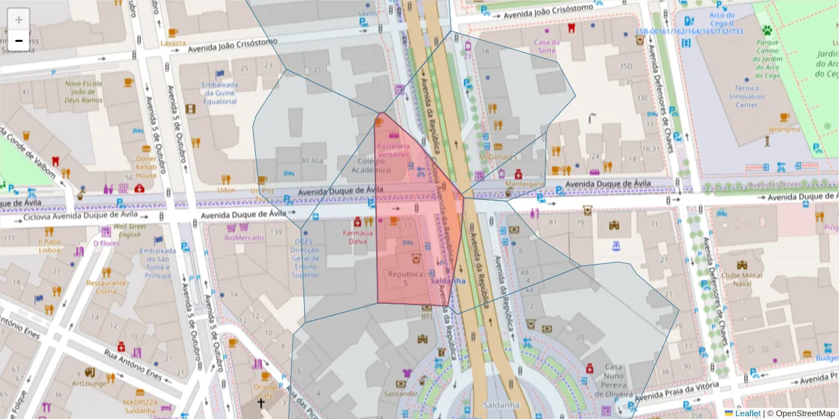 Mapa detalhado do código postal 1050-185 com limites, códigos postais vizinhos e agências dos correios
