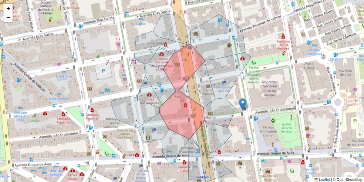 Mapa detalhado do código postal 1050-186 com limites, códigos postais vizinhos e agências dos correios