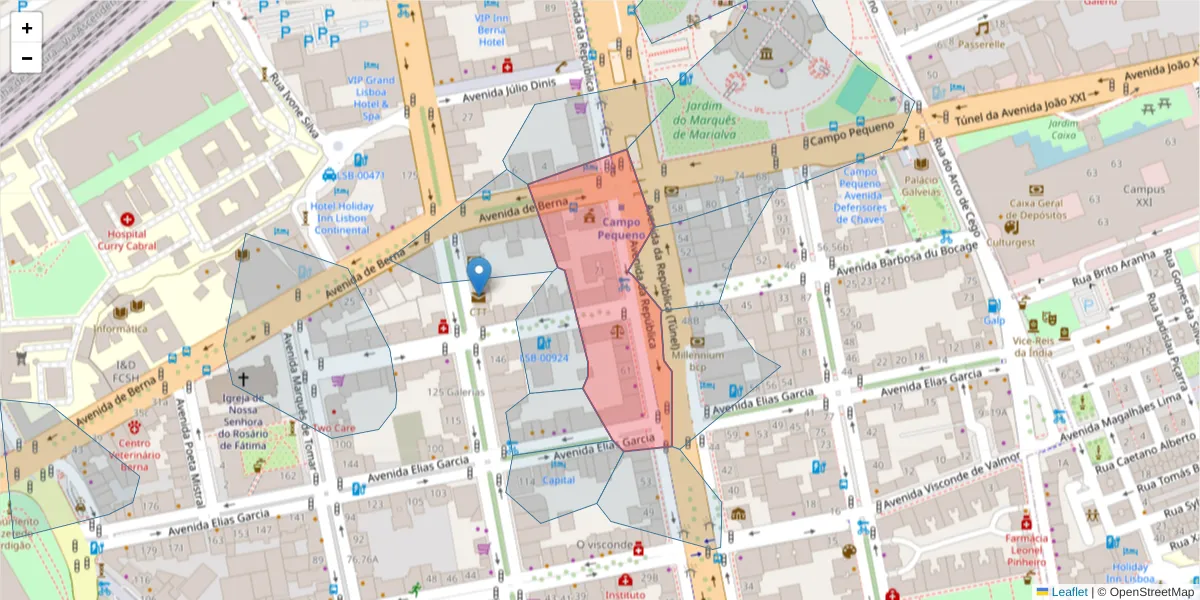 Mapa detalhado do código postal 1050-189 com limites, códigos postais vizinhos e agências dos correios