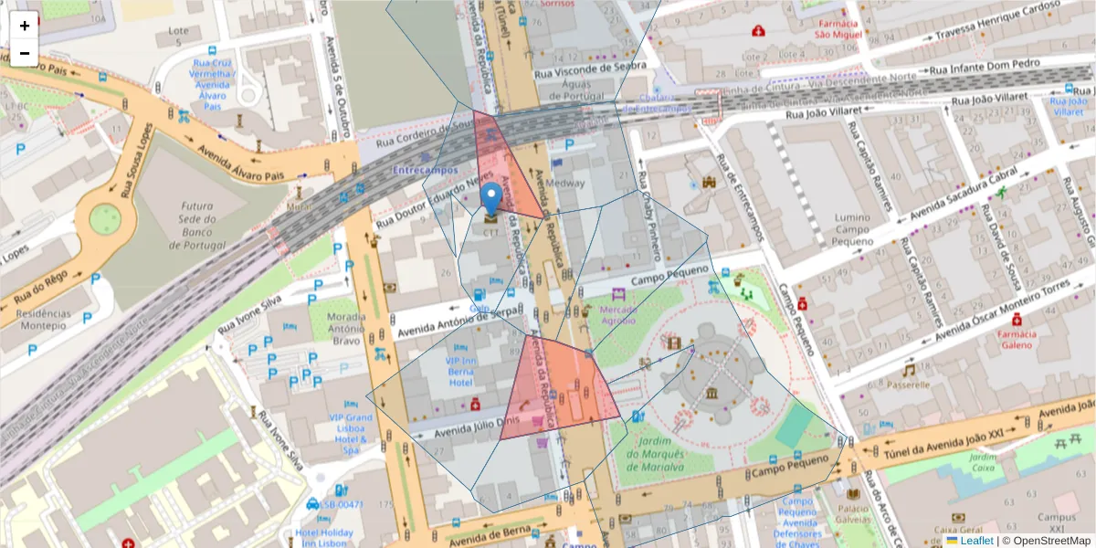Mapa detalhado do código postal 1050-190 com limites, códigos postais vizinhos e agências dos correios
