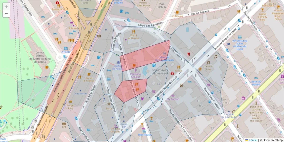 Mapa detalhado do código postal 1050-200 com limites, códigos postais vizinhos e agências dos correios