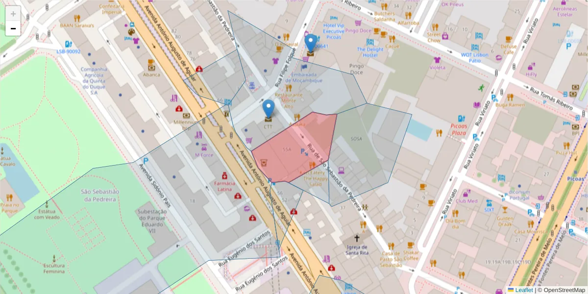 Mapa detalhado do código postal 1050-206 com limites, códigos postais vizinhos e agências dos correios