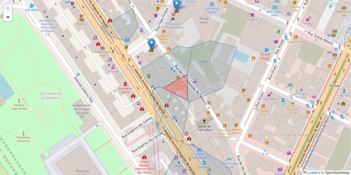 Mapa detalhado do código postal 1050-208 com limites, códigos postais vizinhos e agências dos correios