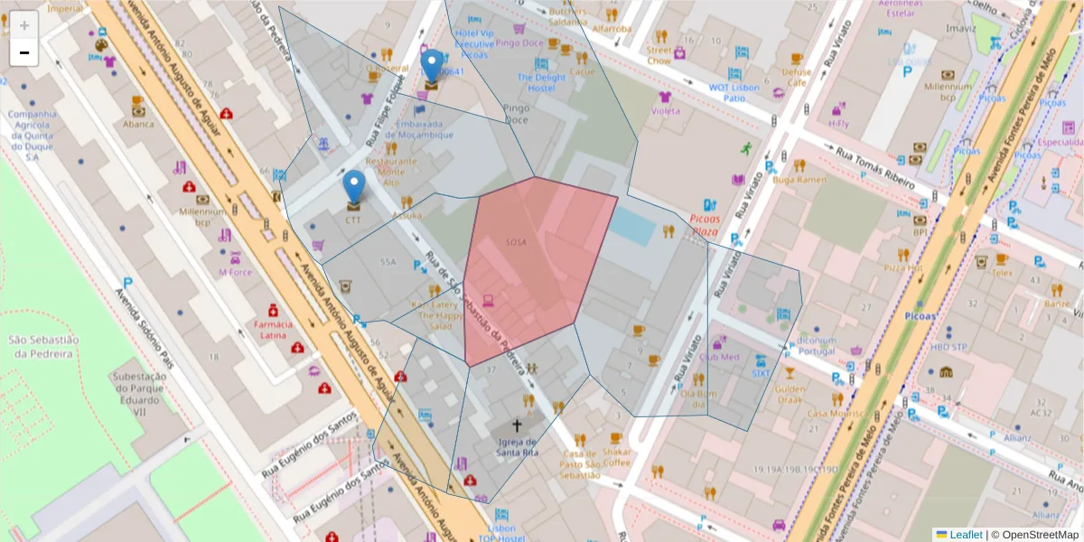 Mapa detalhado do código postal 1050-210 com limites, códigos postais vizinhos e agências dos correios