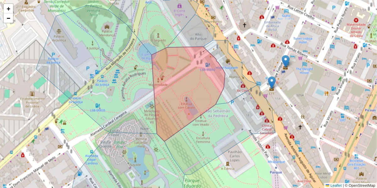 Mapa detalhado do código postal 1050-215 com limites, códigos postais vizinhos e agências dos correios