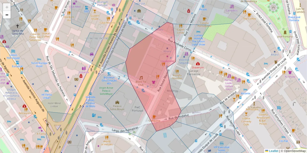 Mapa detalhado do código postal 1050-217 com limites, códigos postais vizinhos e agências dos correios