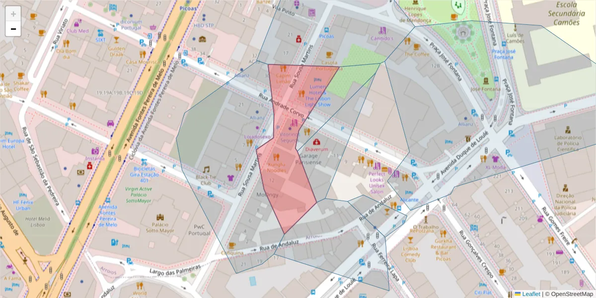 Mapa detalhado do código postal 1050-218 com limites, códigos postais vizinhos e agências dos correios