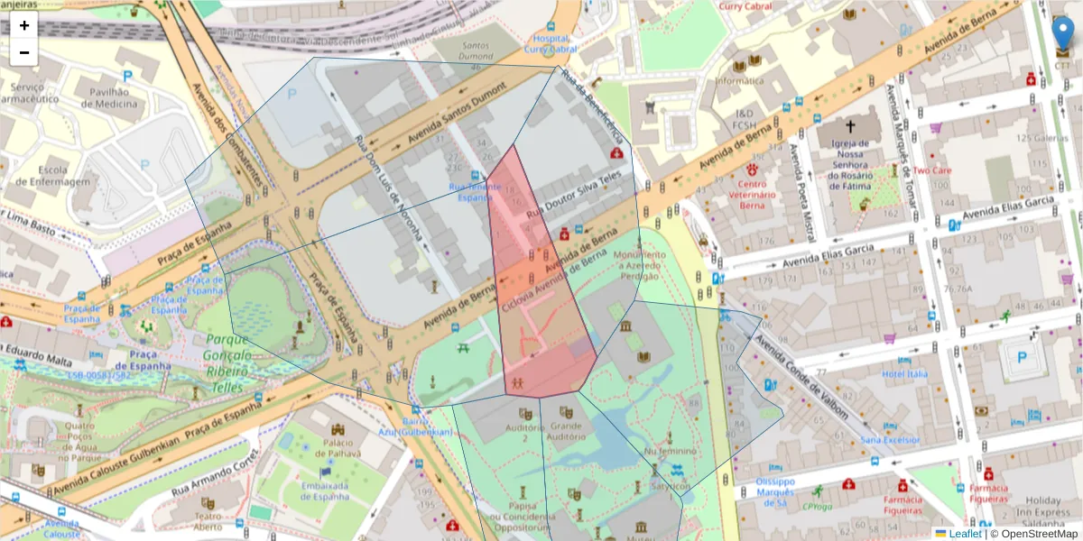 Mapa detalhado do código postal 1050-222 com limites, códigos postais vizinhos e agências dos correios