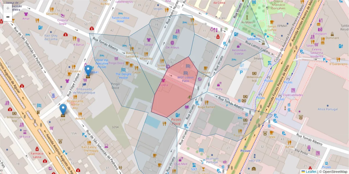 Mapa detalhado do código postal 1050-229 com limites, códigos postais vizinhos e agências dos correios