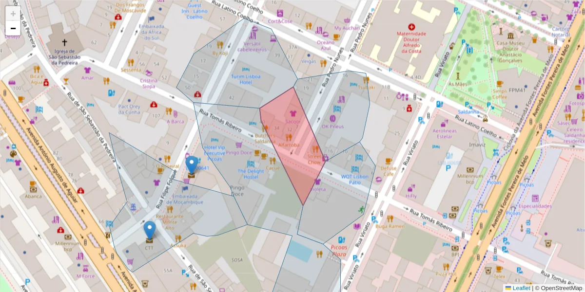 Mapa detalhado do código postal 1050-230 com limites, códigos postais vizinhos e agências dos correios