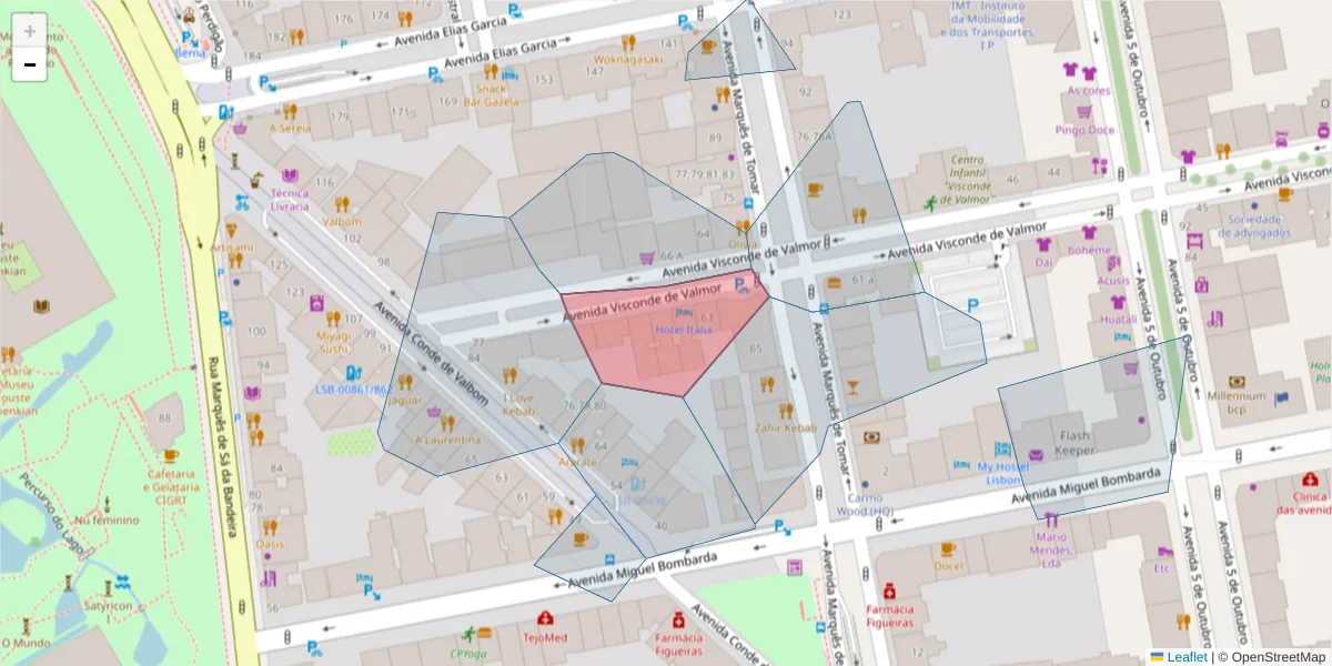 Mapa detalhado do código postal 1050-239 com limites, códigos postais vizinhos e agências dos correios