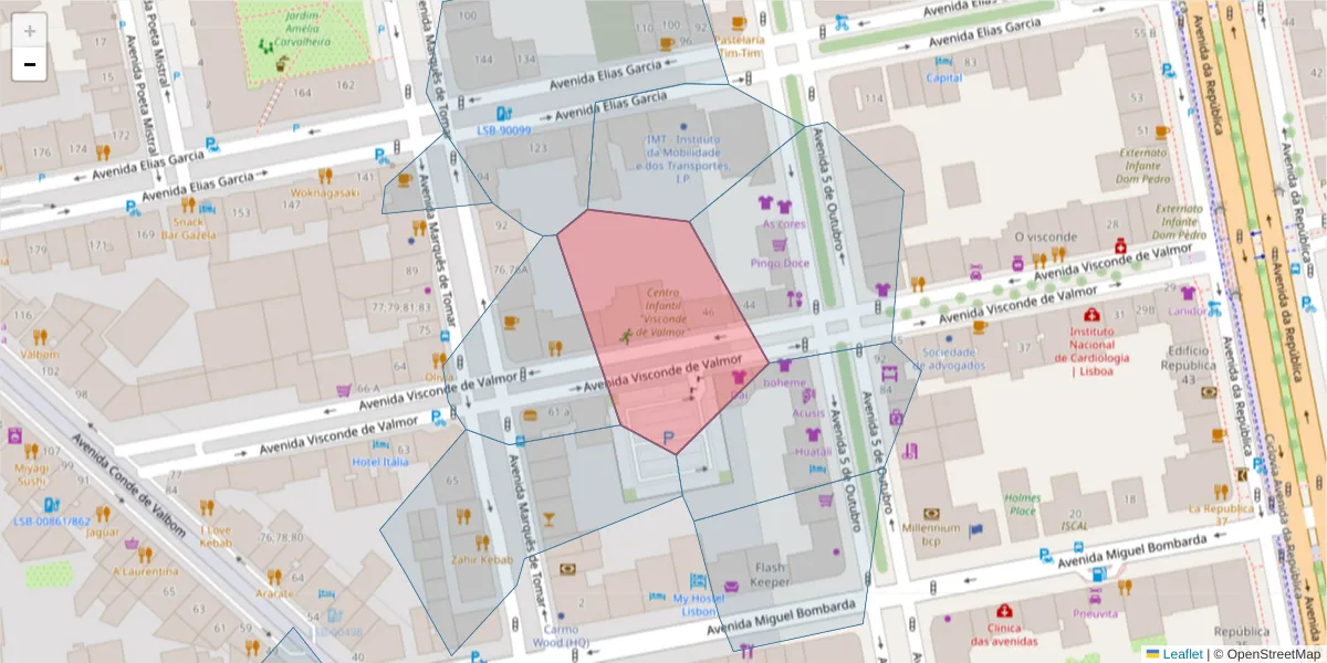 Mapa detalhado do código postal 1050-241 com limites, códigos postais vizinhos e agências dos correios